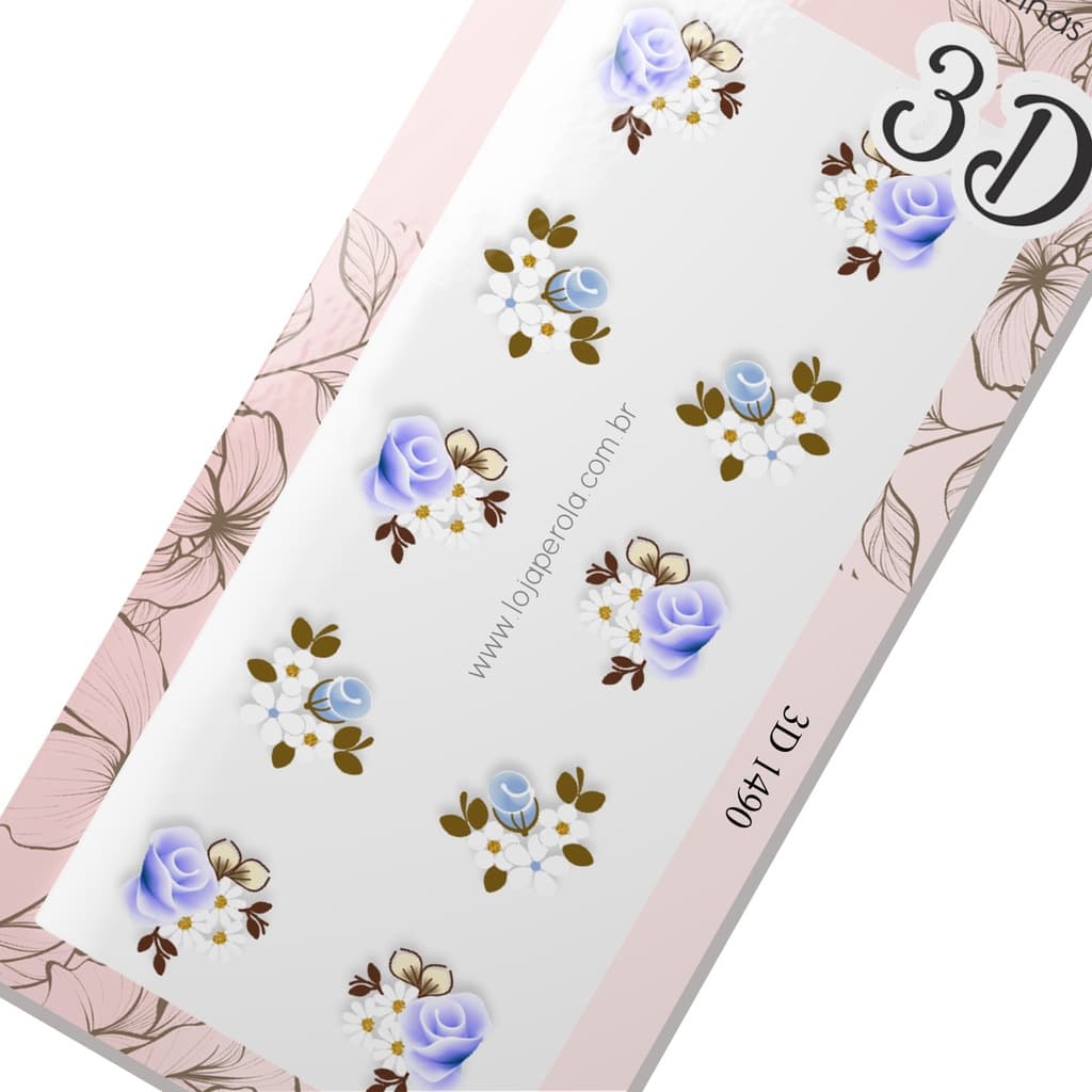 Adesivo de Unha 3D- Rosa cor azul e margarida delicada- 3D 1490