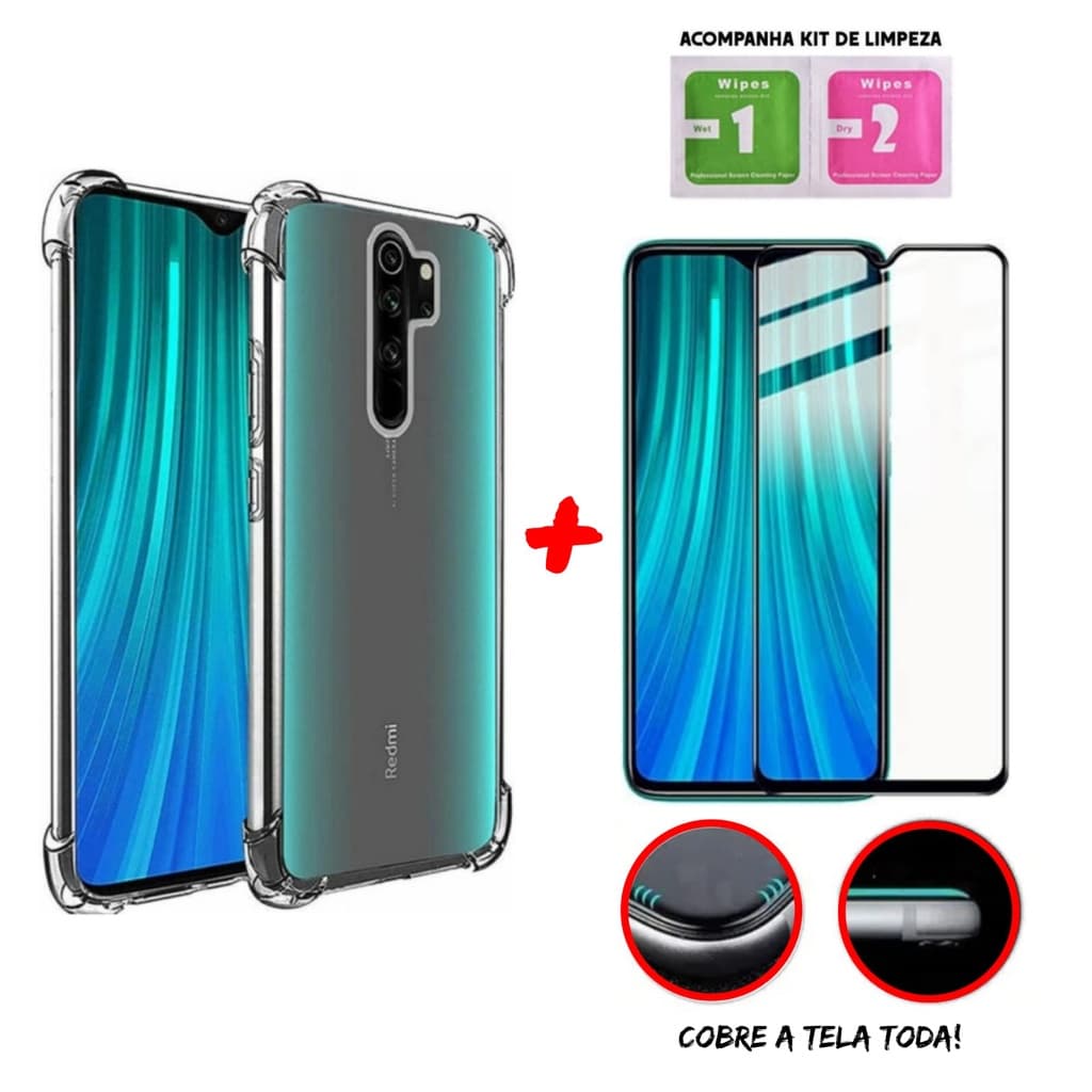 Kit Capinha Transparente Anti-Impacto Para Xiaomi Note 8 Pro + Película 3D de Vidro