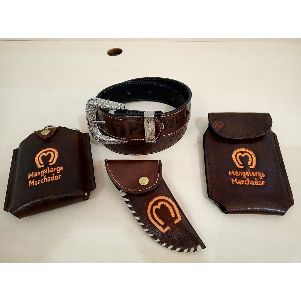 Kit Country Mangalarga Cinto em Couro Cantil Capa de Celular Bainha de Canivete