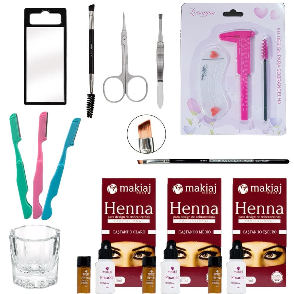 KIT DESING henna makiaj 3 Rena para SOBRANCELHA espelho pincel Moldes paquimetro navalha pinca