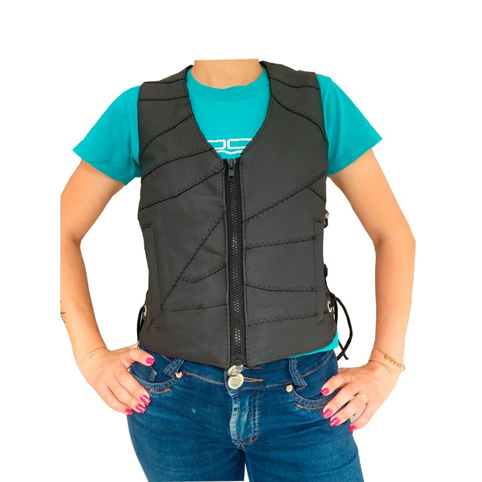 Colete Motociclista Feminino de Retalho de  Couro