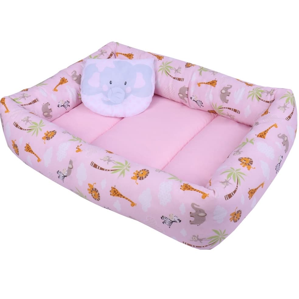 NINHO REDUTOR DE BERÇO SAFARI ROSA + ALMOFADINHA  ANATOMICA ELEFANTE GRATÍS