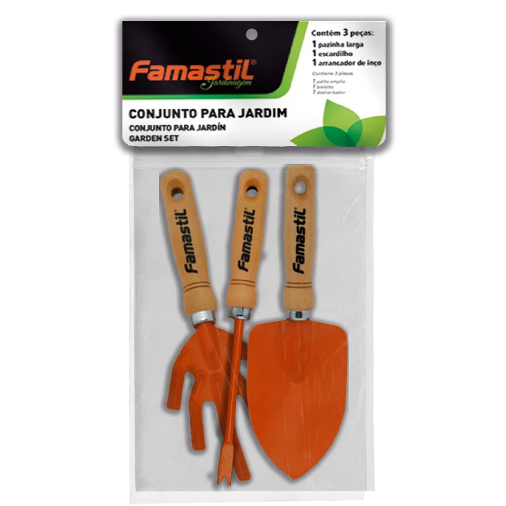 Conjunto Para Jardim 3 Peças Famastil F86.20 Kit Ferramentas Jardinagem Pá Garfo Transplantador