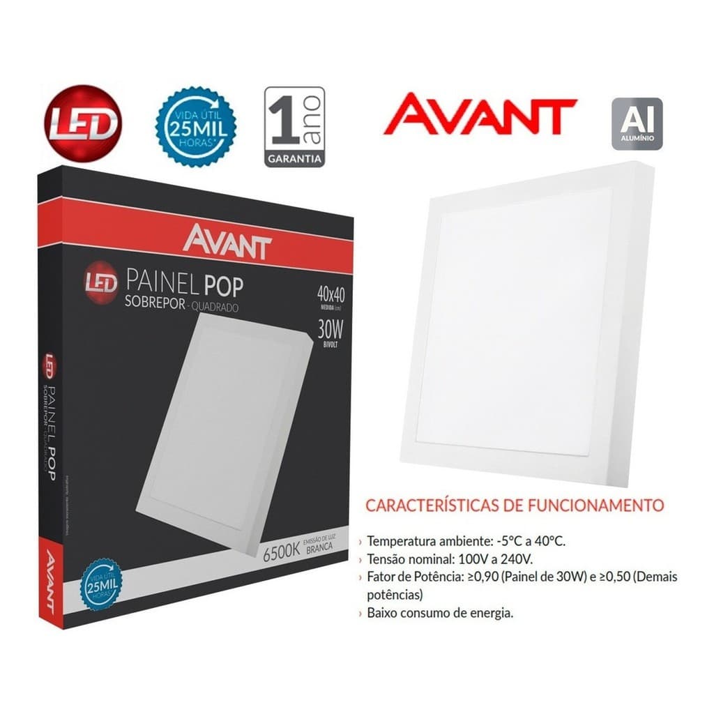 Kit 10 Painel Led 30W Sobrepor Quadrado AVANT