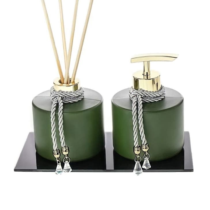 Kit Lavabo Banheiro Verde com Bandeja Preta em Vidro Luxo
