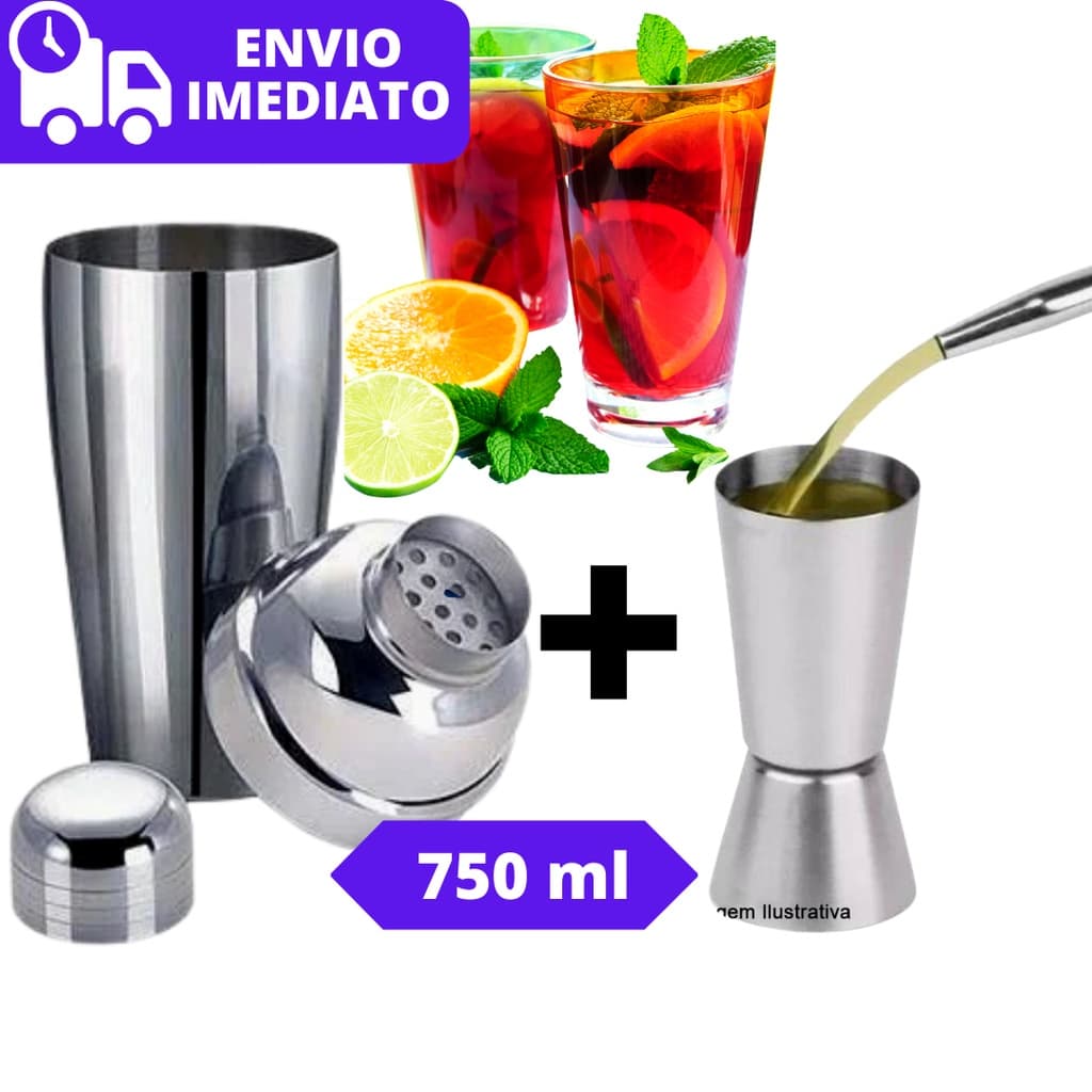 Kit Coqueteleira 750ml Aço Inox 3 Peças + Dosador Medidor de Bebidas Drinks Caipirinha Barman Bartender