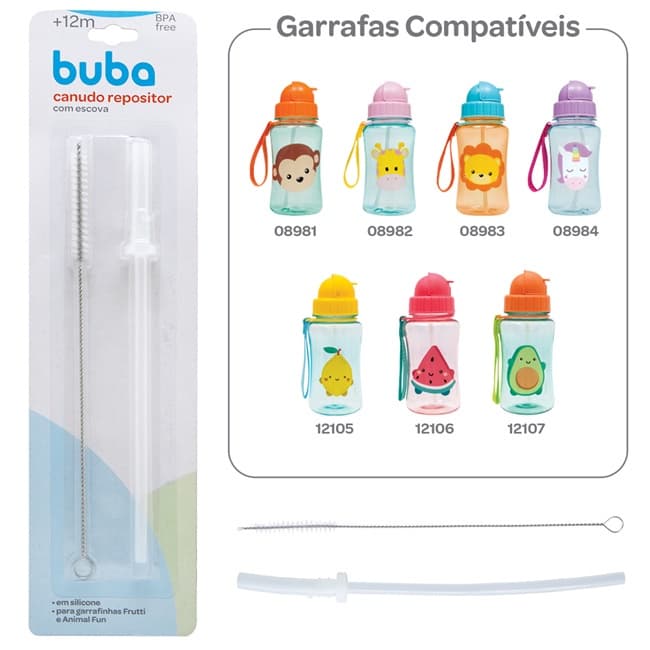 Canudo Repositor Com Escova Refil em Silicone Bebê Infantil Garrafinha Animal Fun e Animal Frutti Buba