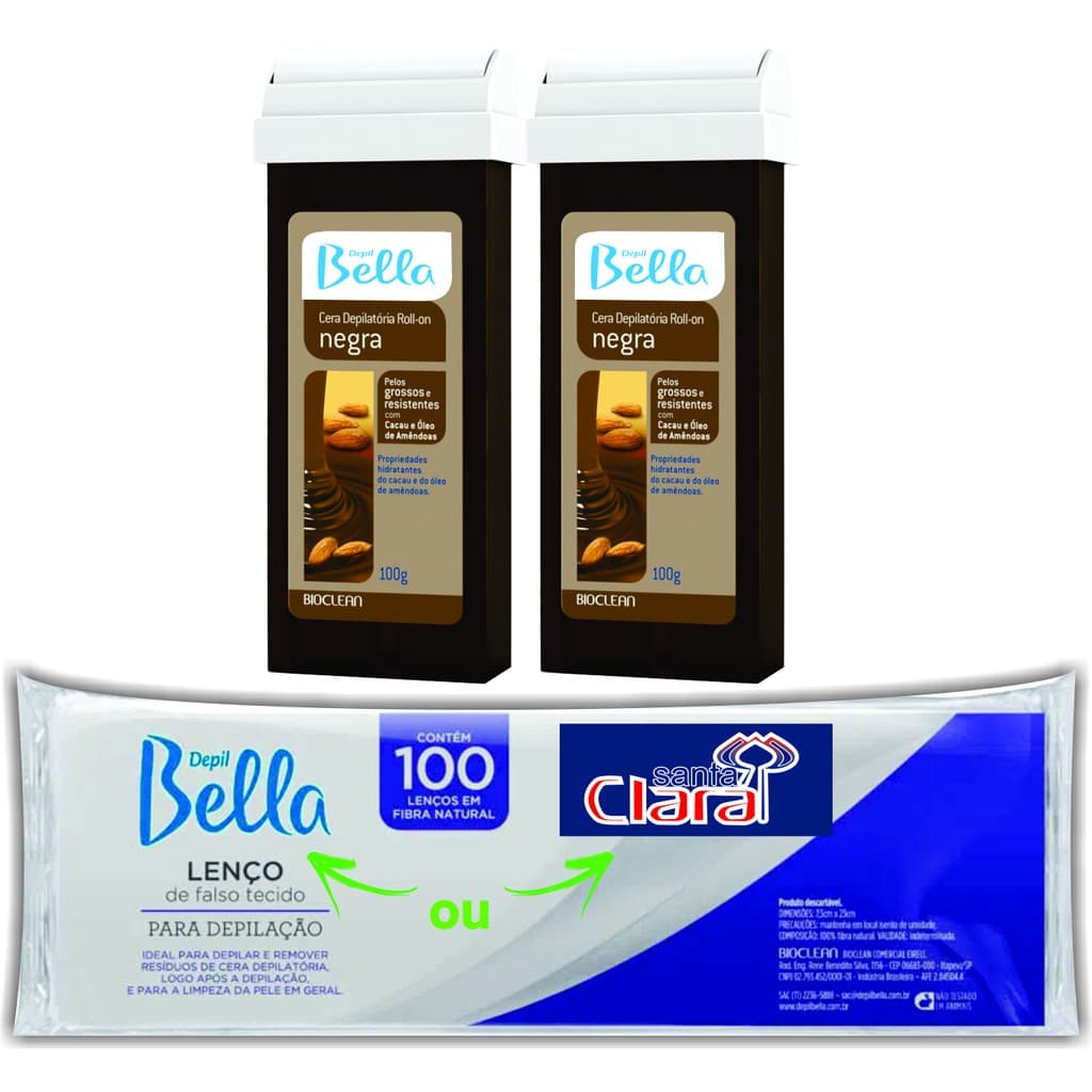 Kit Depilação Econômico 2 Refil Cera Rollon Negra e 1 Papel Cortado com 100 folhas Depil Bella