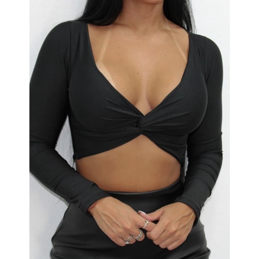 Cropped nó manga longa moda outono inverno top em suplex blusa curta decotado com bojo justo no corpo liso