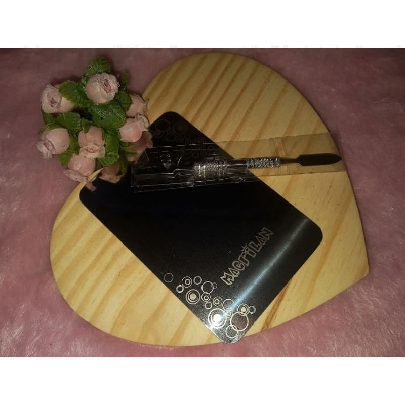 Placa em aço inox com espátula para maquiagem.