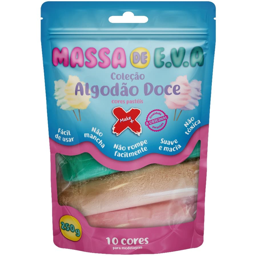 Kit Massa de Modelar E.V.A Lisa Algodão Doce Make Mais para Artesanato 10 Cores 250g