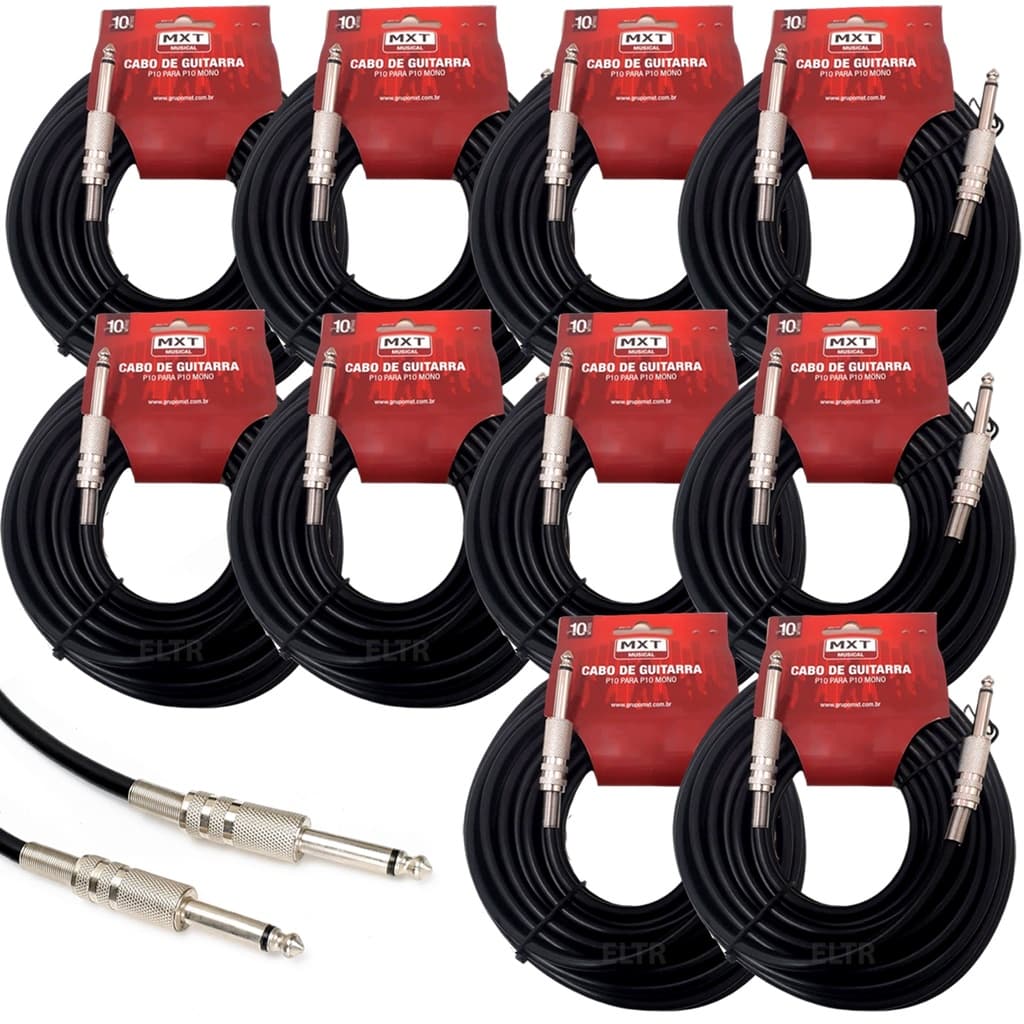 Kit 10 Cabo P10 P10 Mono Guitarra Violão Baixo Cavaquinho Caixa Som Amplificador 10m Metros