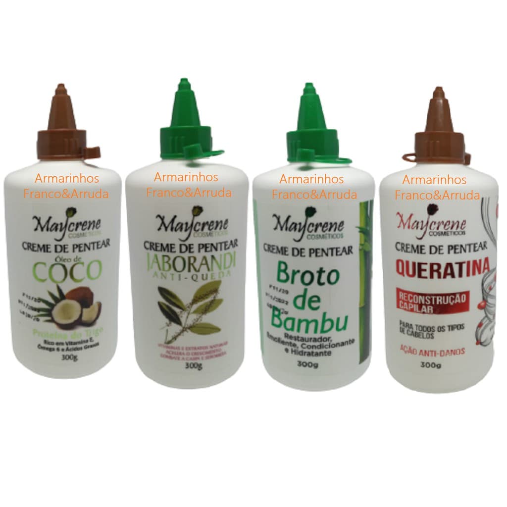 4 Cremes de Pentear 300g - Maycrene (Jaborandi, Coco, Queratina e Broto de Bambu)