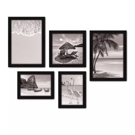 Kit Com 5 Quadros Decorativos - Praia - Mar - Viagem - Preto e Branco Capital = 77