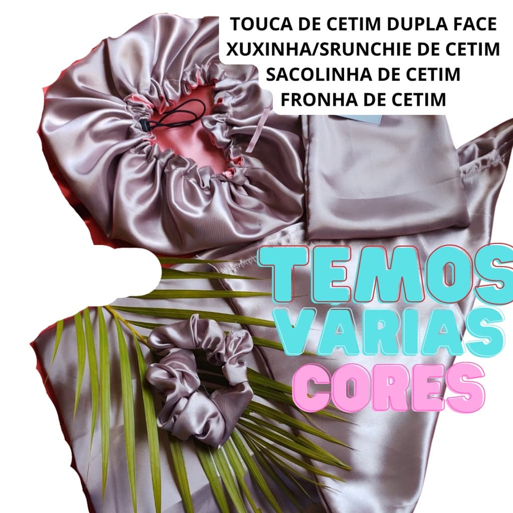 Kit com touca de cetim dupla face anti frizz + 1 fronha de cetim + 1 xuxinha + brinde aproveite agora .