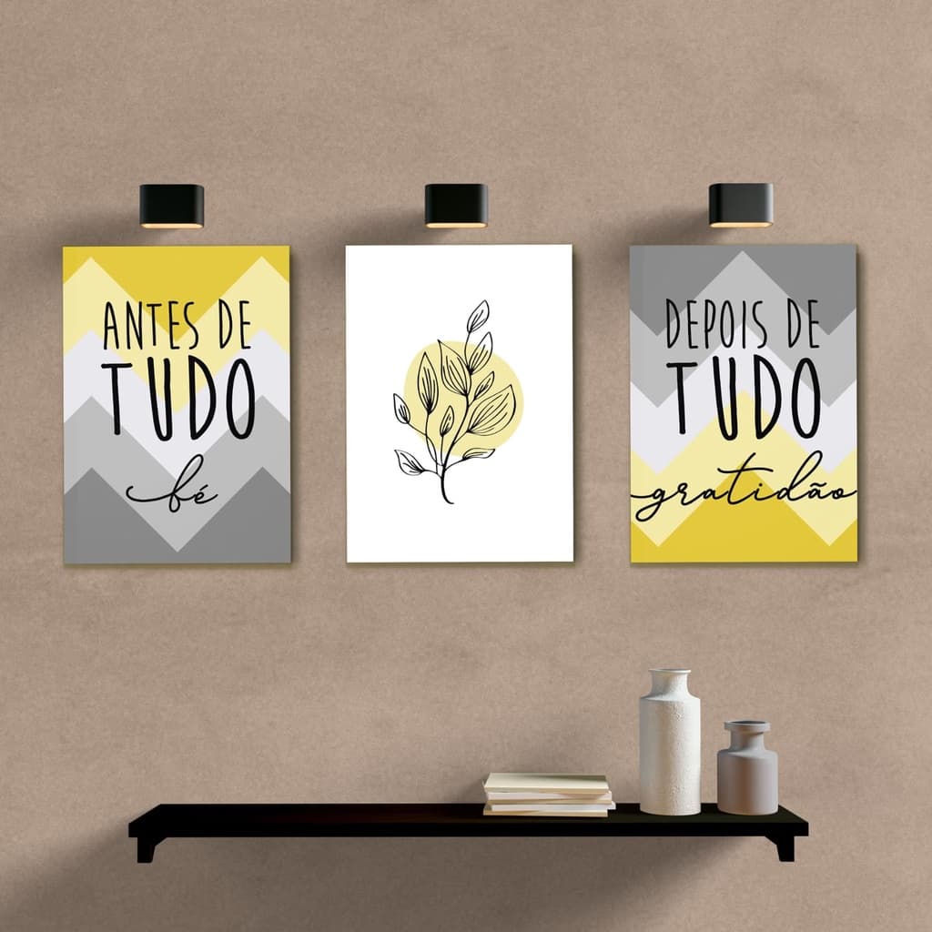 Kit 3 quadrinhos quadros antes fé depois gratidão folhas meio decoração quarto sala