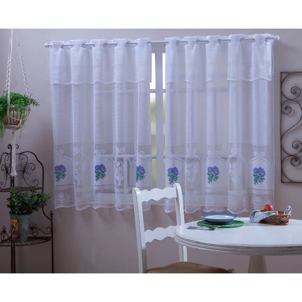 Cortina Para Cozinha Traansfer 250x120 Cm Renda Com Bandô Branco