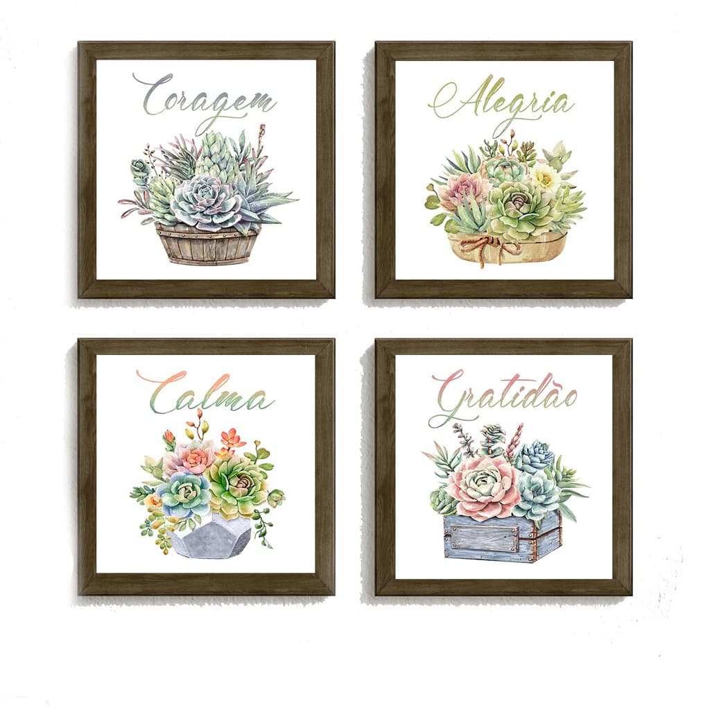 KIT - 4 Quadros Com Moldura E Vidro - 23x23cm - Flores / Suculentas / Coloridas / Coragem / Alegria / Calma / Gratidão