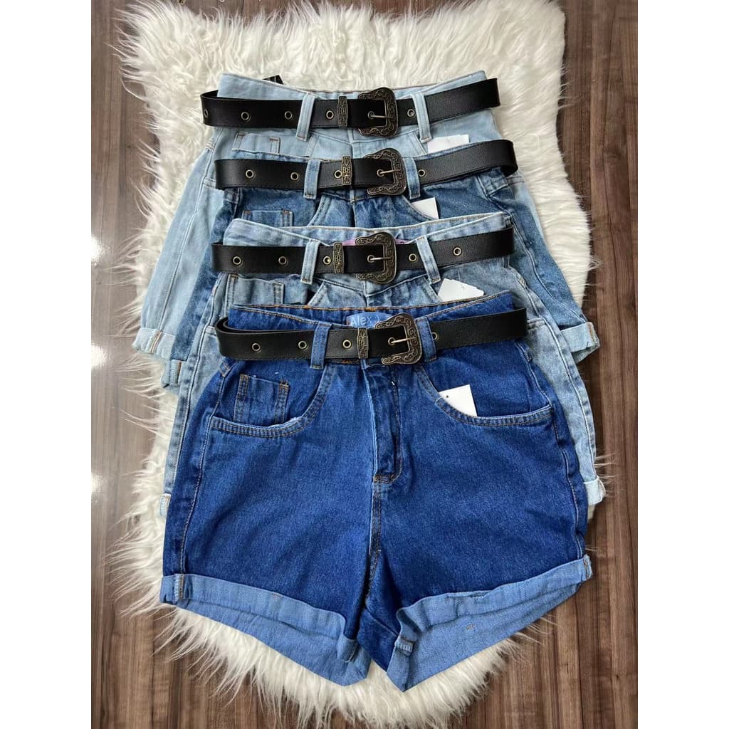 Short Mom Com Cinto Couro Jeans Feminio