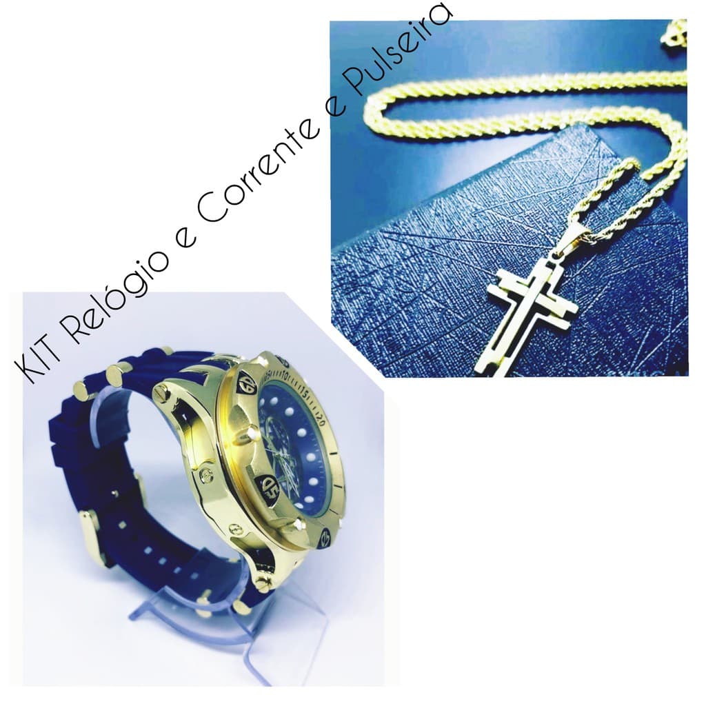 Kit Relógio Masculino Hybrid pulseira de borracha azul + Corrente e Pulseira