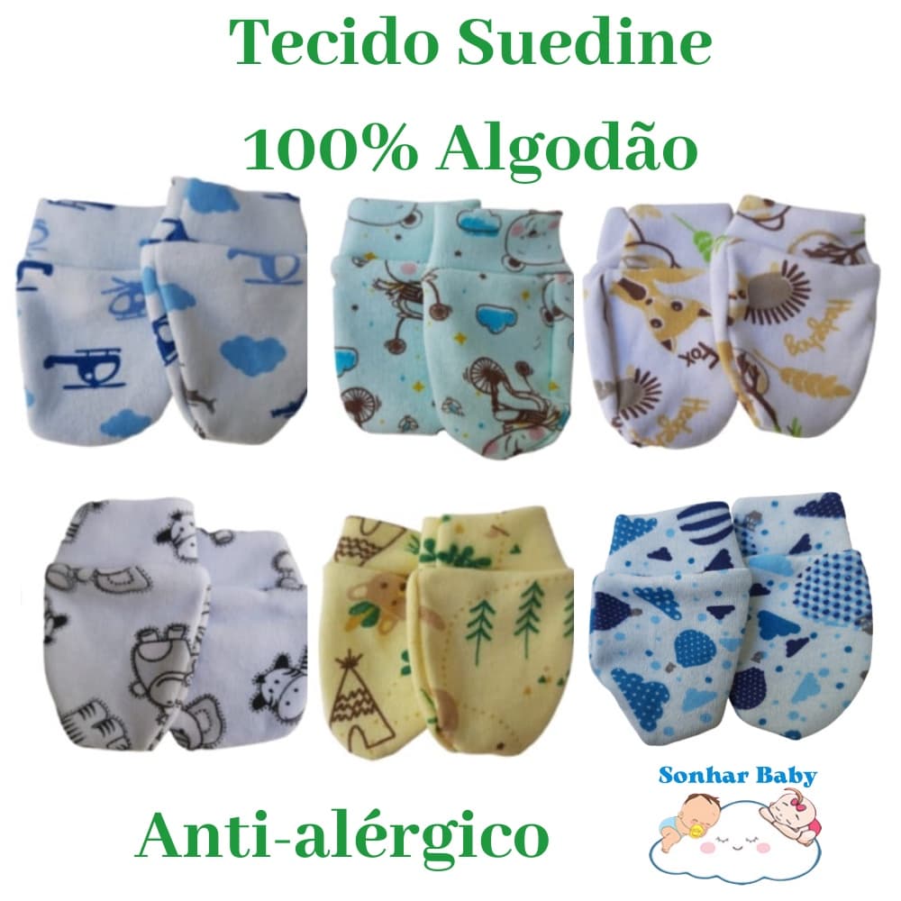 Kit Bebê 3 Luvinhas Lisas ou Estampadas para Recém Nascido de Suedine 100% Algodão Menino/Menina