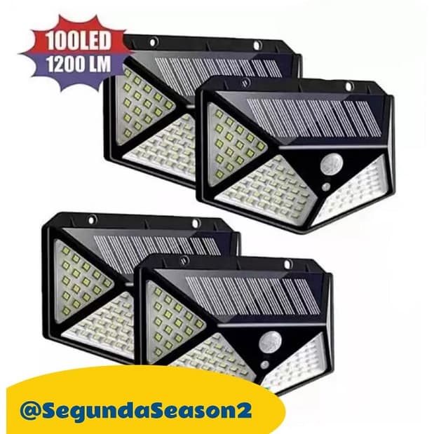 Kit 4 Luminária Energia Solar Parede 100 Led Sensor Presença 3 Funções Lampada
