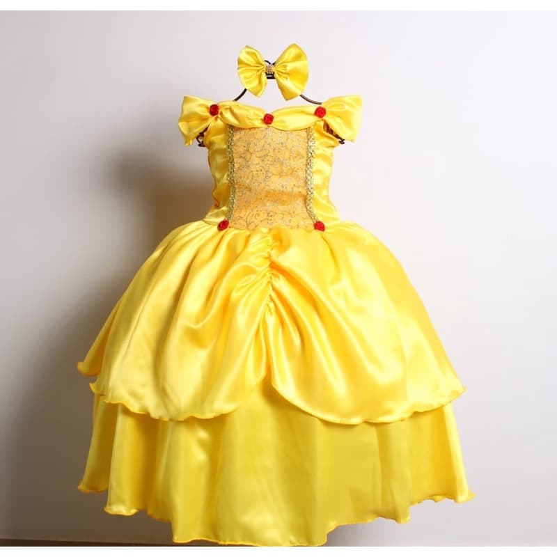 Fantasia Vestido Tematico Princesa Bela e a Fera Ariel Sereia Cinderel Unicornio Tiana Carnaval Festa Luxo Com Tiara.