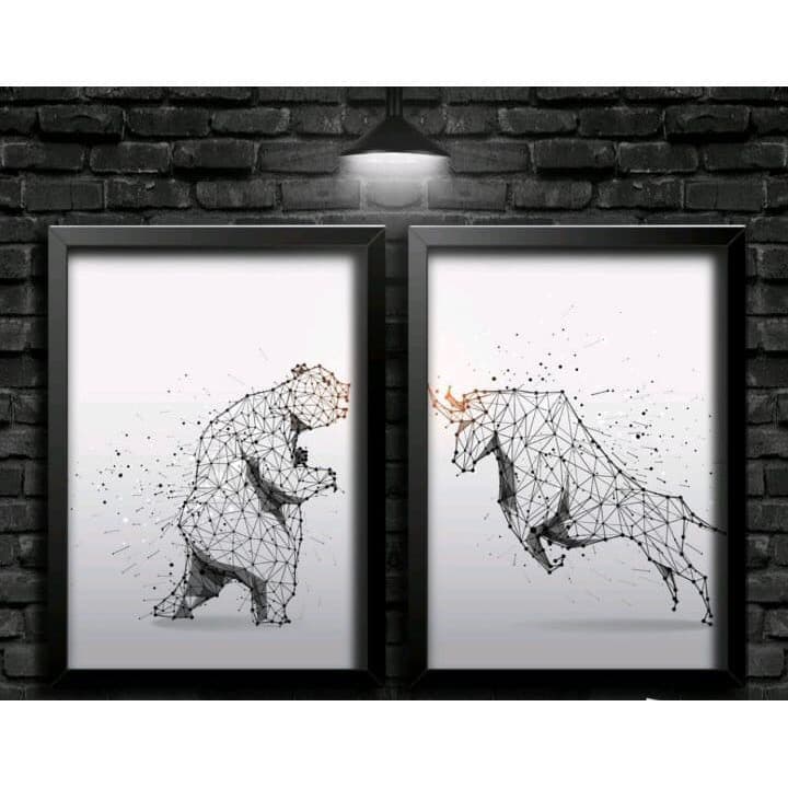 Quadros Decorativos - Urso E Touro Branco E Preto - Mercado Financeiro - Touro Dourado - Trader -