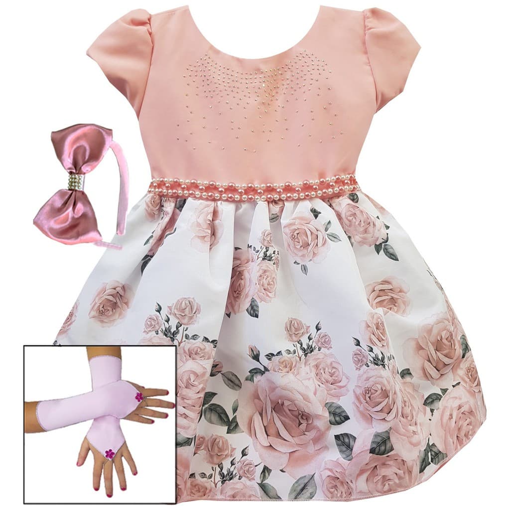 Vestido Infantil Princesa Realeza Aniversário Flores Casamento Daminha com Tiara.