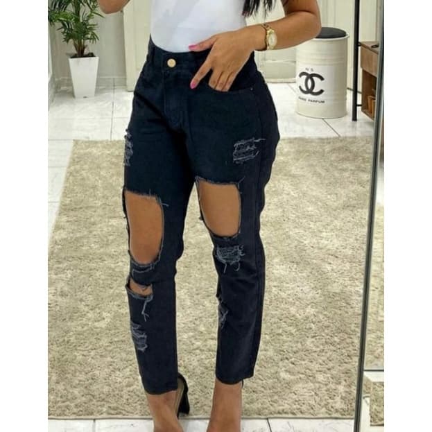 Calça Mom Jeans Calça Jeans Wide Leg Cintura Alta Pantalona Calça Rasgada Destroyed