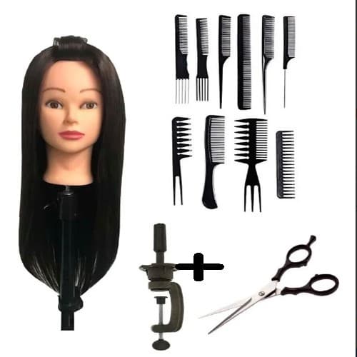 Cabeça Sintética Castanho Escuro + Suporte + Tesoura + Kit de Pentes