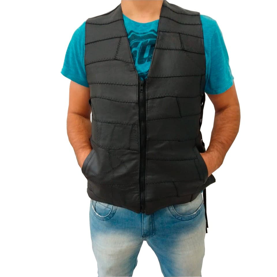Colete Motociclista Masculino de Retalho de Couro