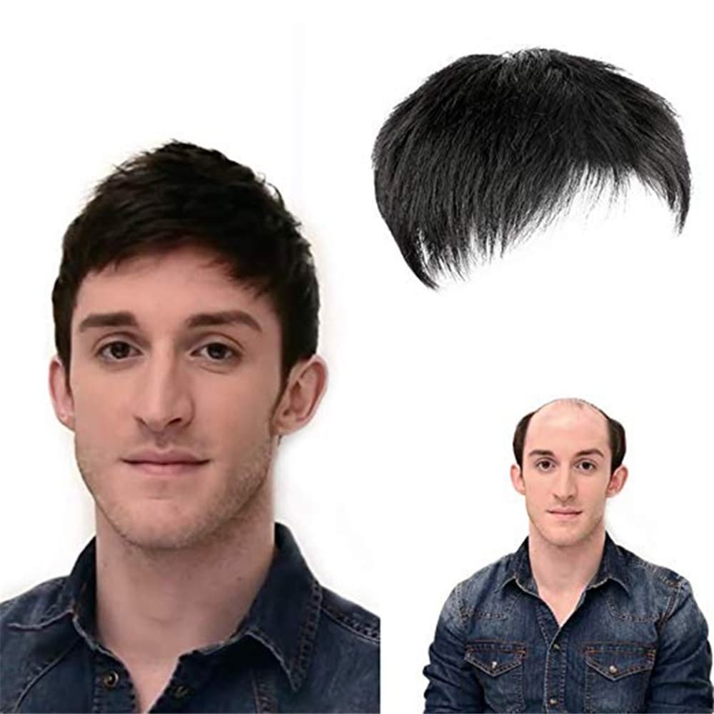 16x18cm Homens Peruca Curta Respirável de Substituição, Cabelo Humano Real Peruca Preta, Parte Superior da Testa para Cabelo Masculino Masculino Meninos