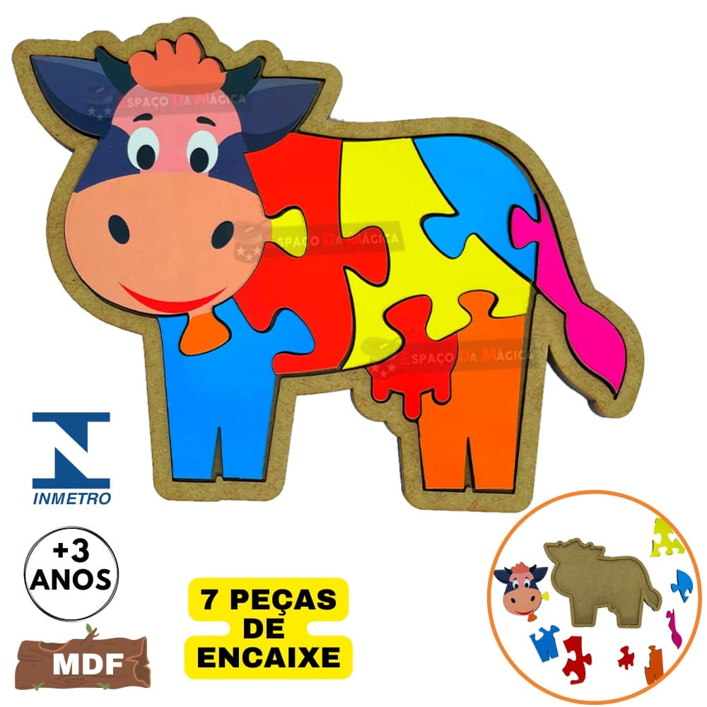 Quebra Cabeça Infantil Vaca, Vaquinha Educativo, Pedagógico, Montessori, Colorido, MDF