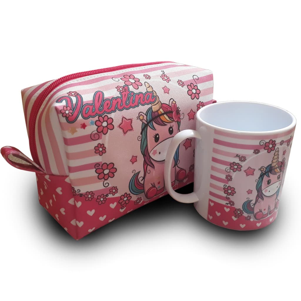kit Necessaire Bolsa Box unicórnio com caneca Presente Bolsinha Personalizada com o nome, escolinha creche, organização