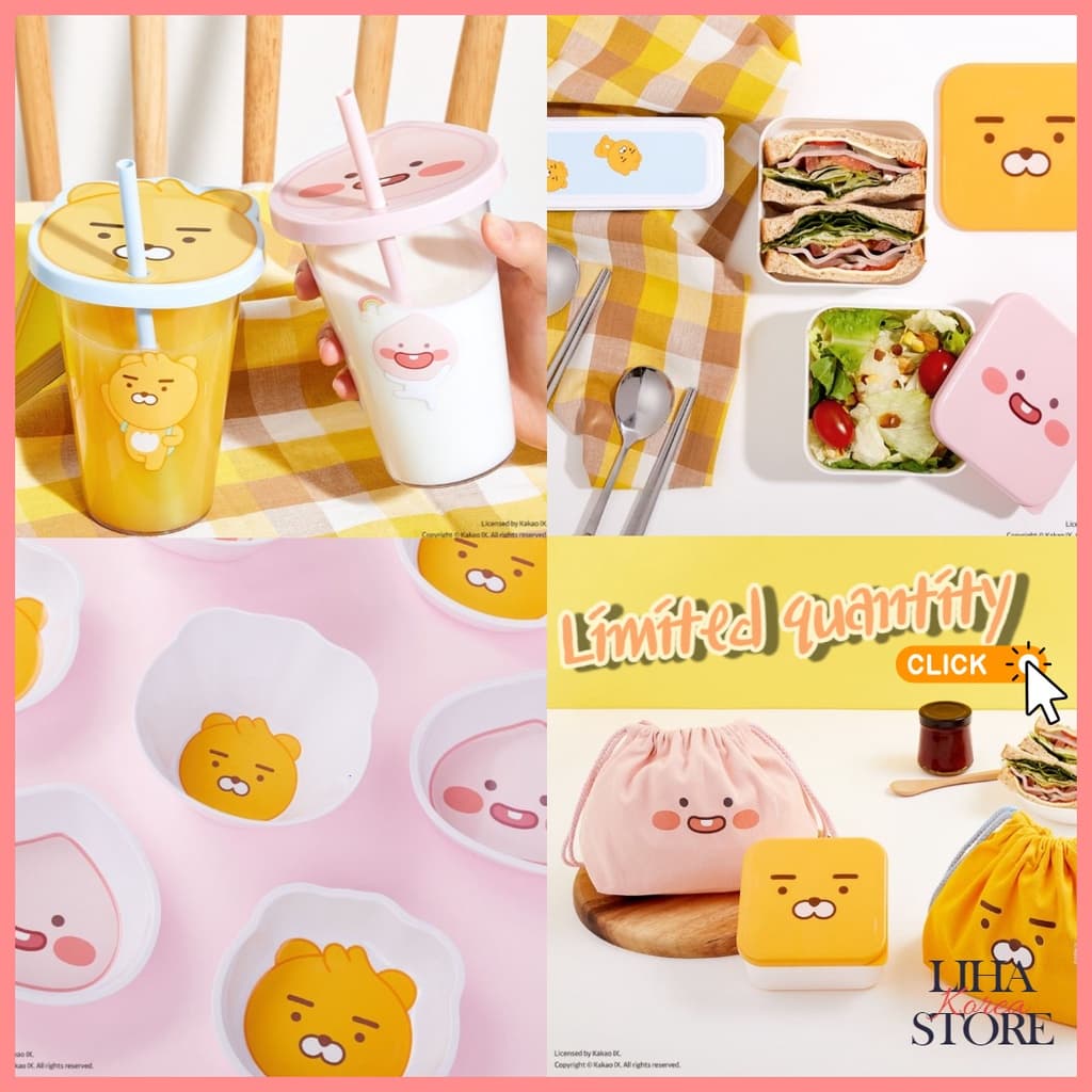 DAISO KOREA X Kakao Friends Bowl/Copo De Palha/Garrafa De Vidro/Lancheira/Estojo De Colher/Bolsa Ryan Apeach/Cabide De E