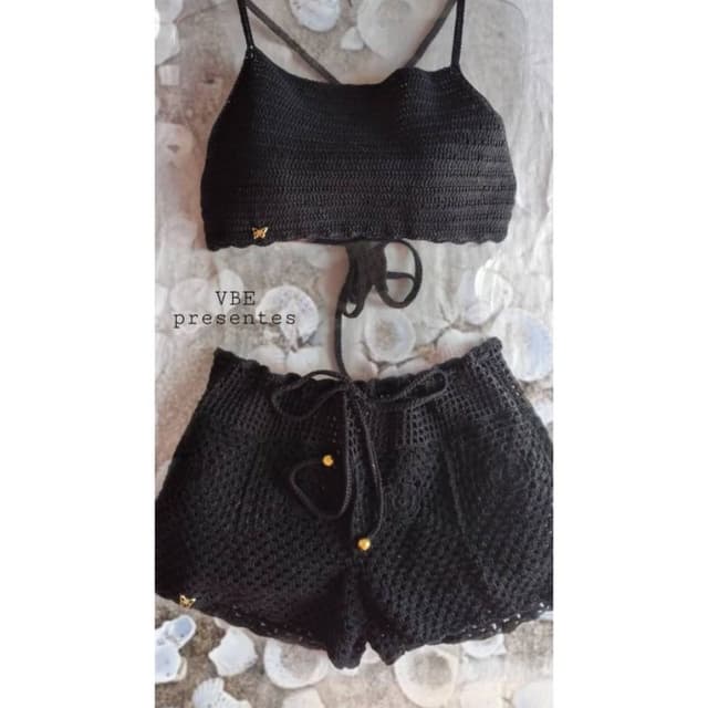 Conjuntos short + top/cropped em croche feito a mão