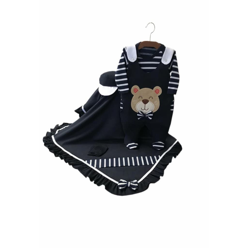 Saida de Maternidade Menino Urso Azul Marinho Luxo Macacão Jardineira e Body Premium