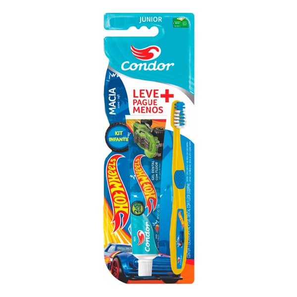 Kit Infantil Escova Macia + Gel Dental Com Flúor Tutti Frutti Hot Wheels Júnior 50g Condor