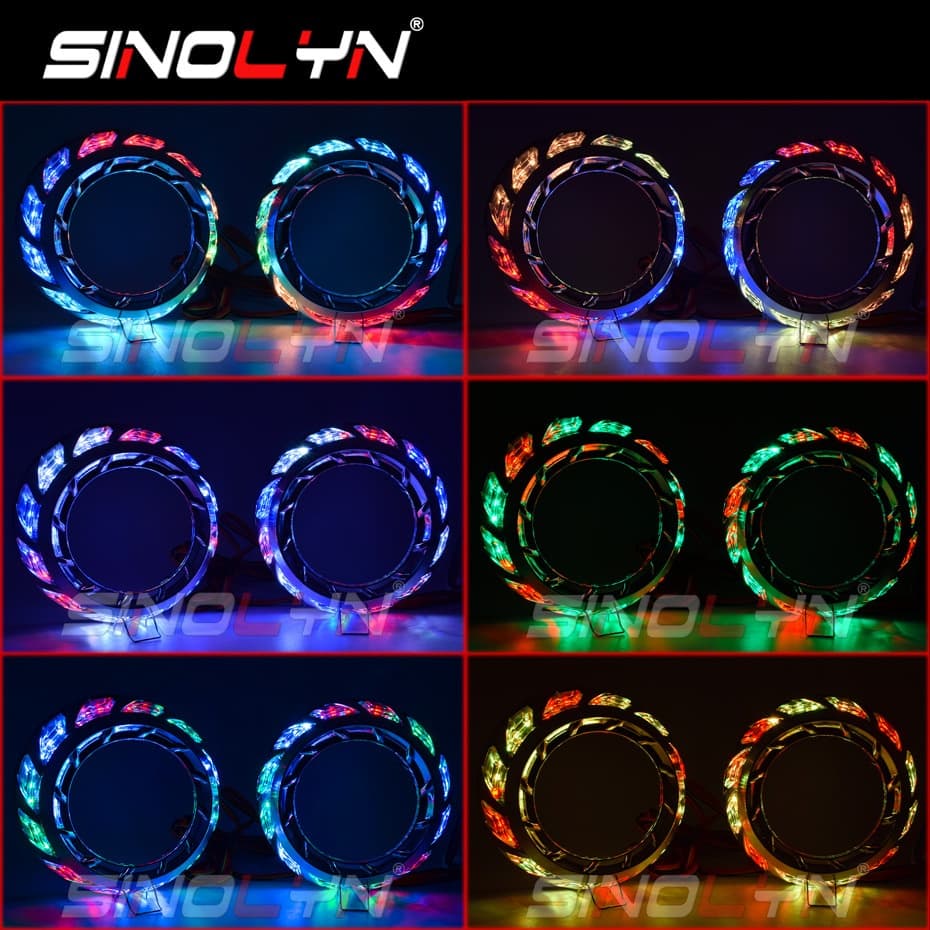 Sinolyn Anjo Olhos RGB LED Giratório Dinâmico Mortalhas Controle APP Para Hella/Koito Q5 2.5/3 Polegada Lentes Fluxo Seq