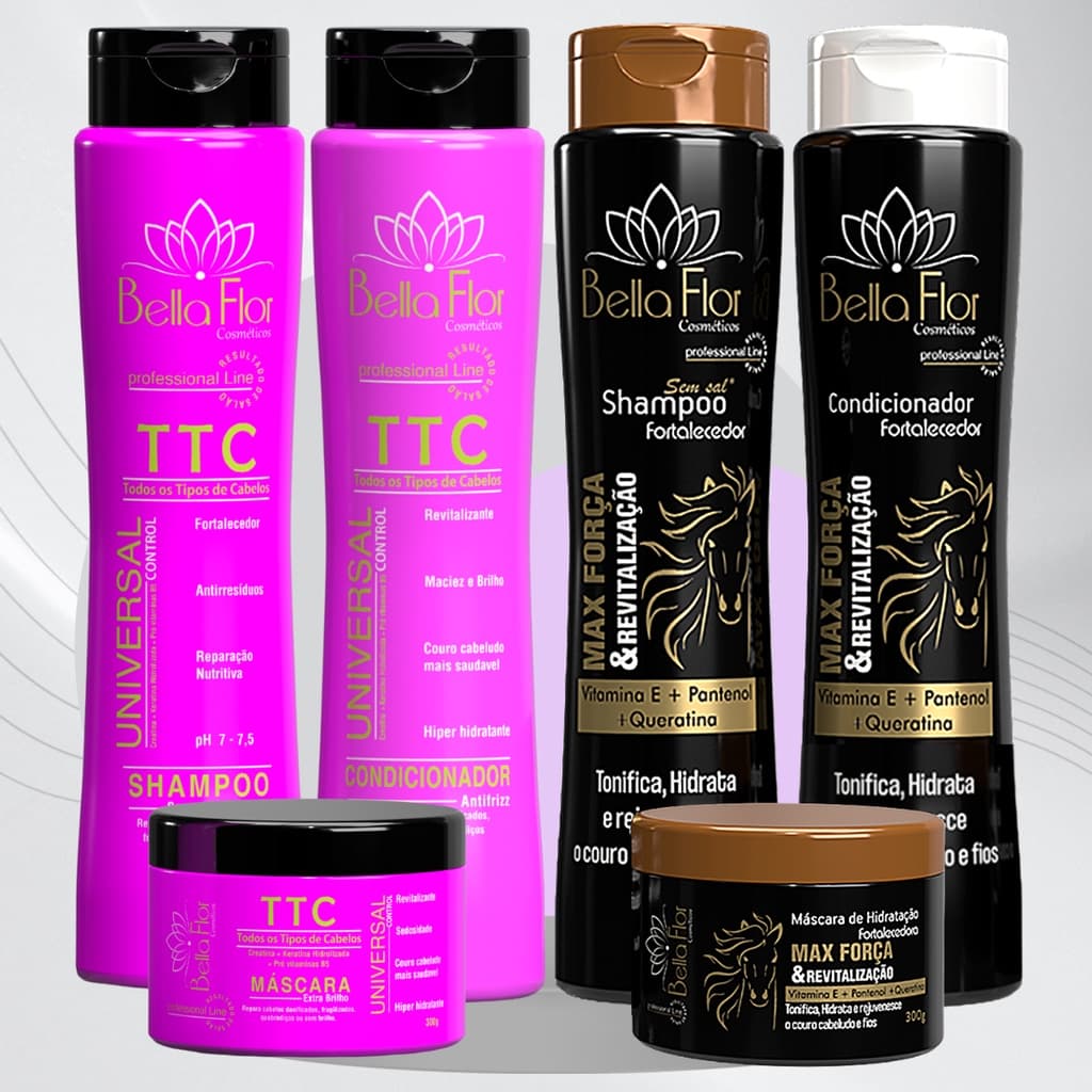 2 Kits Capilares TTC e Força 6 Produtos Shampoo Condicionador Máscara Bella Flor Hidratação Brilho Profissional