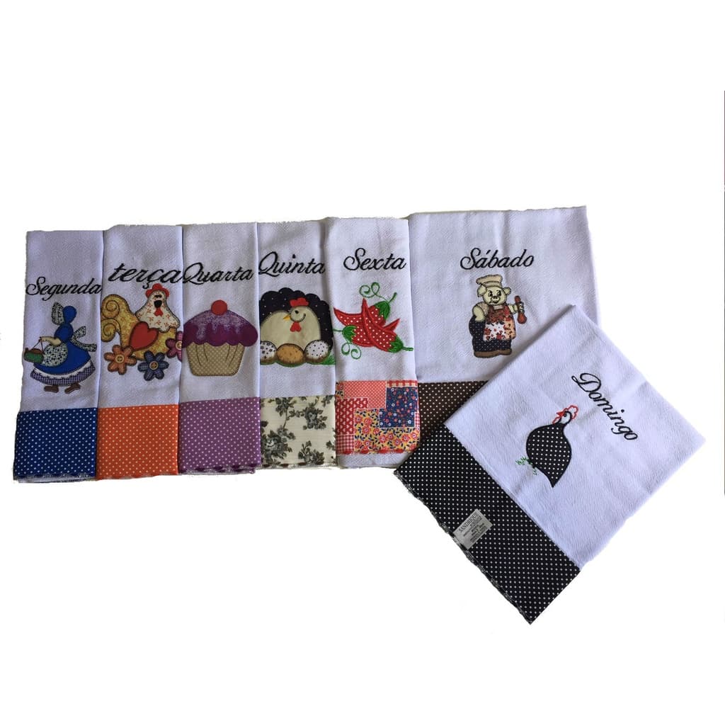 Kit Pano De Prato Dias Da Semana Bordado e Com Barrado Semaninha 7 Peças