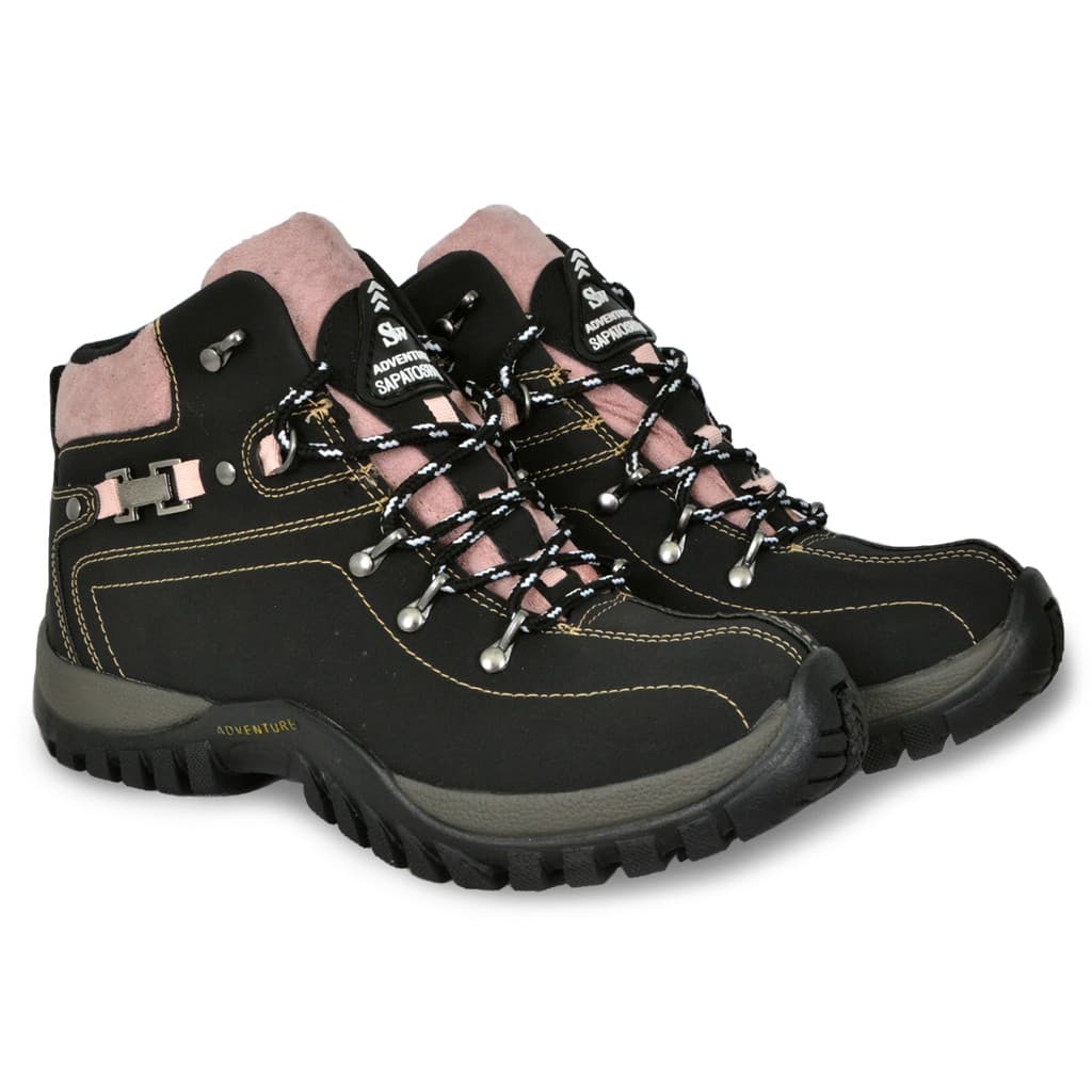 Bota Coturno Feminino Motociclista Trilha Trekking Radical Preto Com Rosa