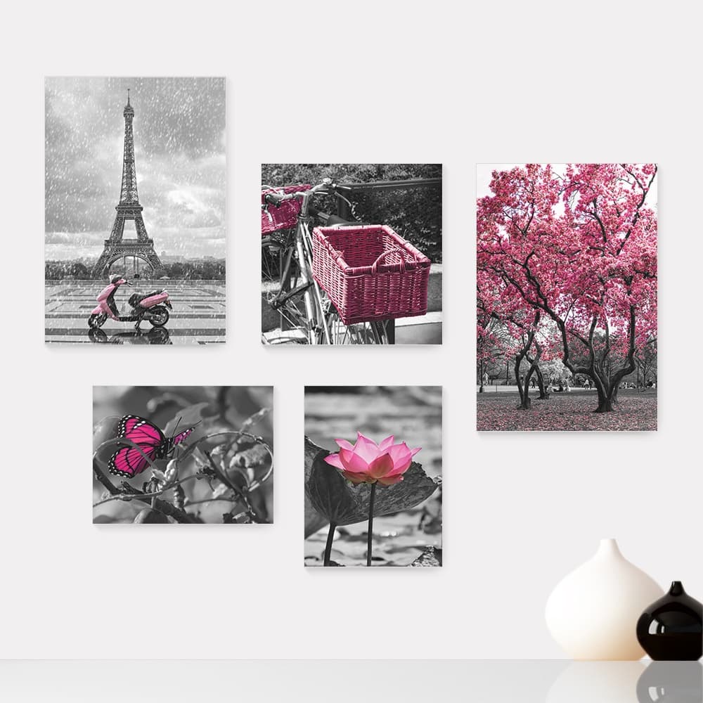 Kit 5 Quadros Decorativos Placas - Árvore - Flor - Borboleta - Preto e Branco com Rosa - Casa Quarto Sala - 295ktpl5