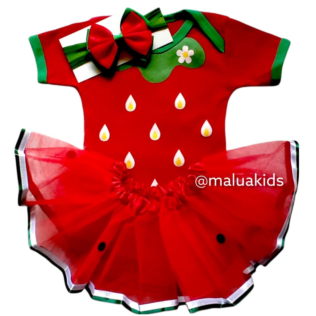 Kit Body Fruta Morango Com Tule e Laço-Mesversário/fantasia