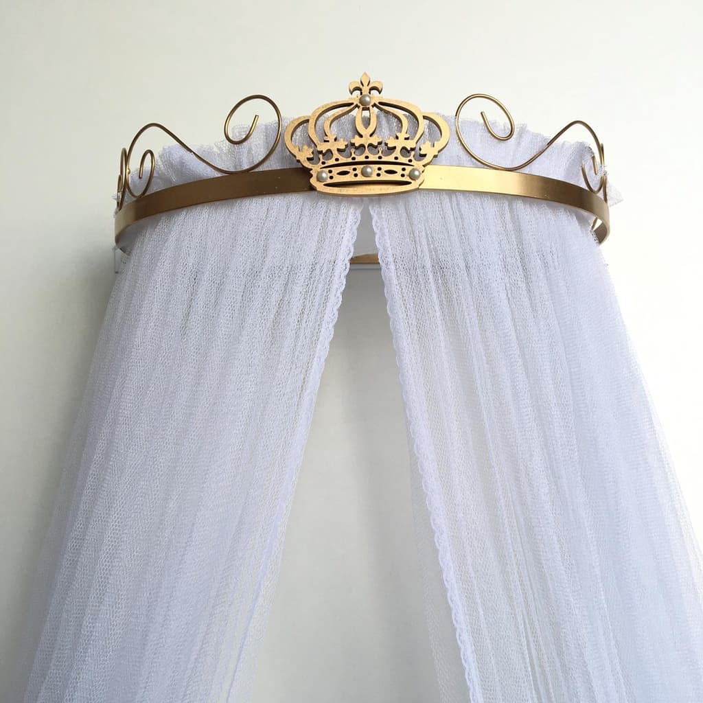 Dossel Coroa Dourado e Mosquiteiro Tule de Berço Bebê
