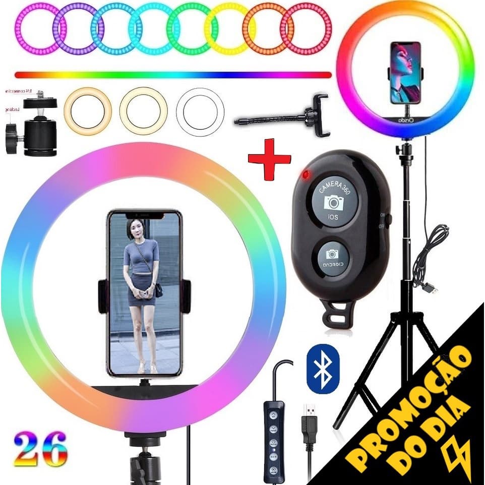Kit Blogueira Tripé Grande Profissional Iluminador de Led Ring Light Rgb Colorido de Celular Universal BHK