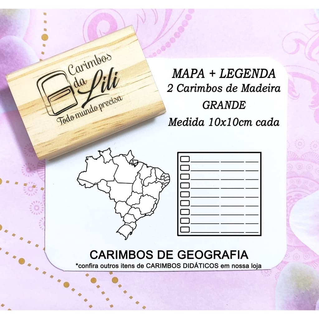 Mapa do Brasil + Legenda carimbos de geografia 10x10 cm cada - Carimbos didáticos - Carimbos pedagógicos