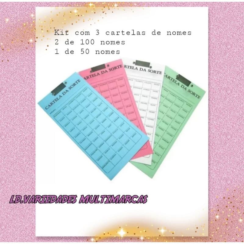 Kit com 3 cartelas de rifas de nomes
