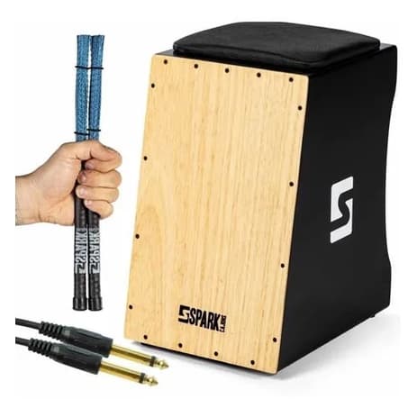 Cajon Elétrico Eletroacústico + Par Vassourinha + Cabo P10 Spark Instrumentos Musicais Percussão